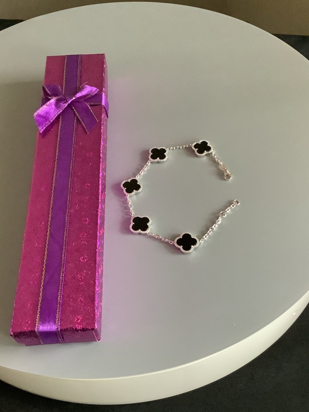 Rhodium Sterling Silver Onyx Clover Bracelet.